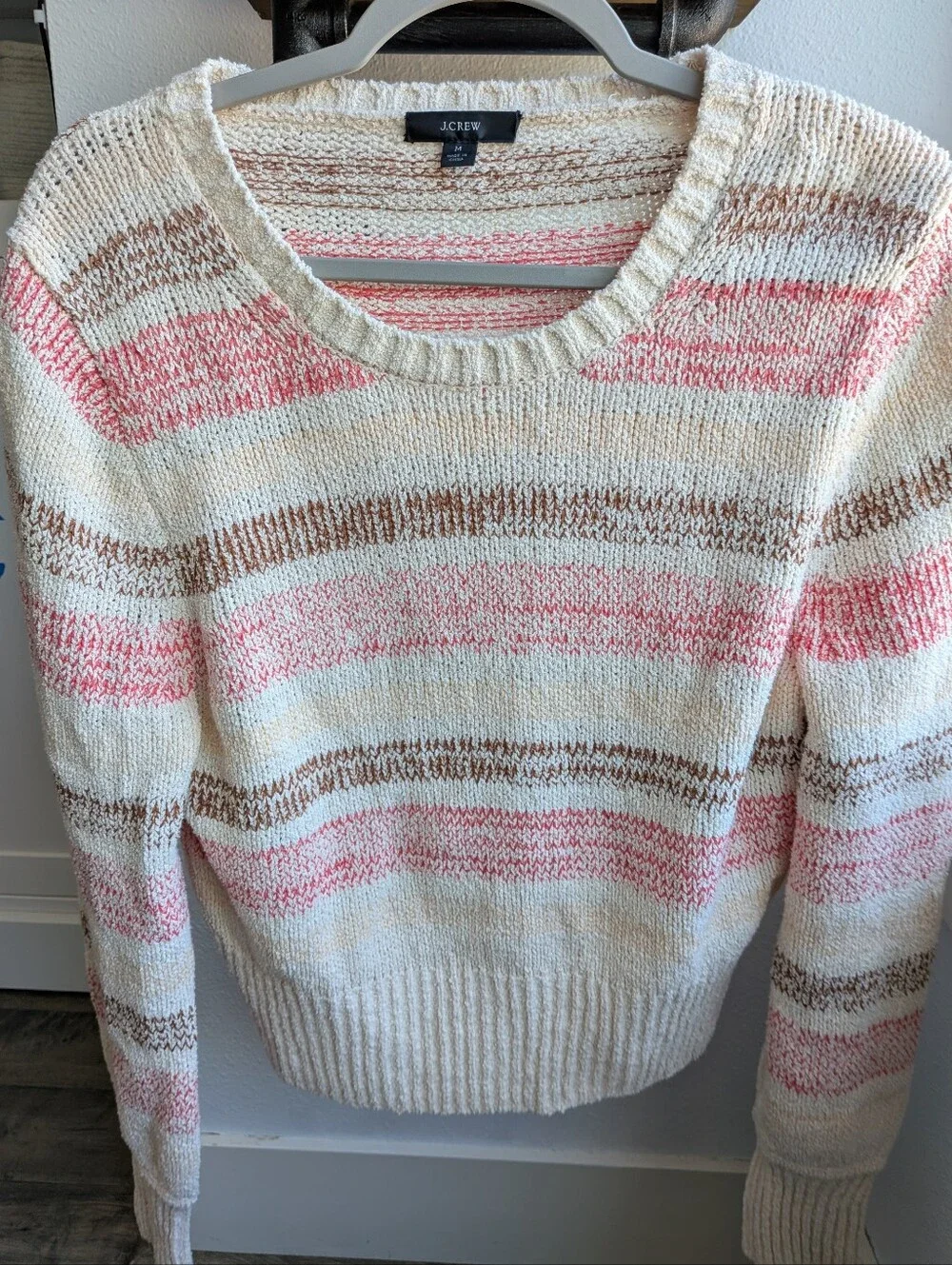 J.Crew Re-Imagined Striped Bouclé Knit Sweater Pink Brown Cream M